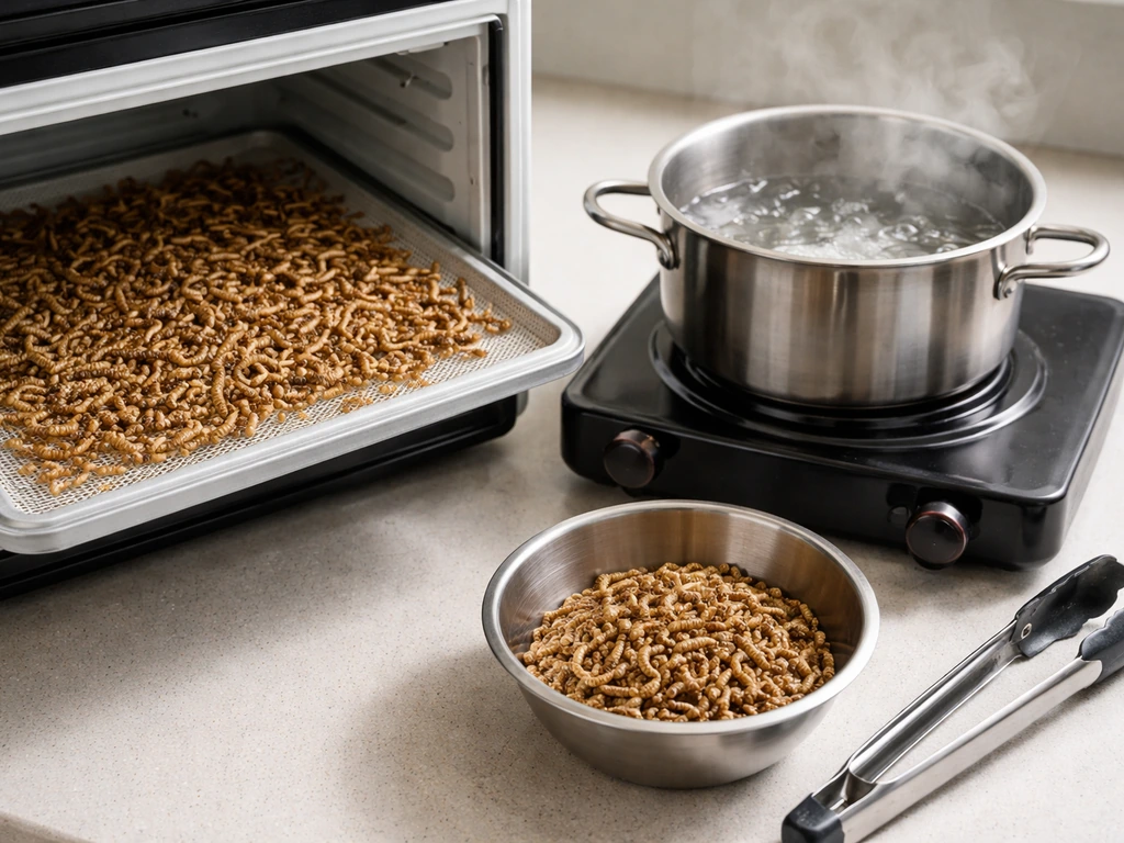 Close-up of mealworms in a dehydrator tray beside a pot used for blanching before drying.