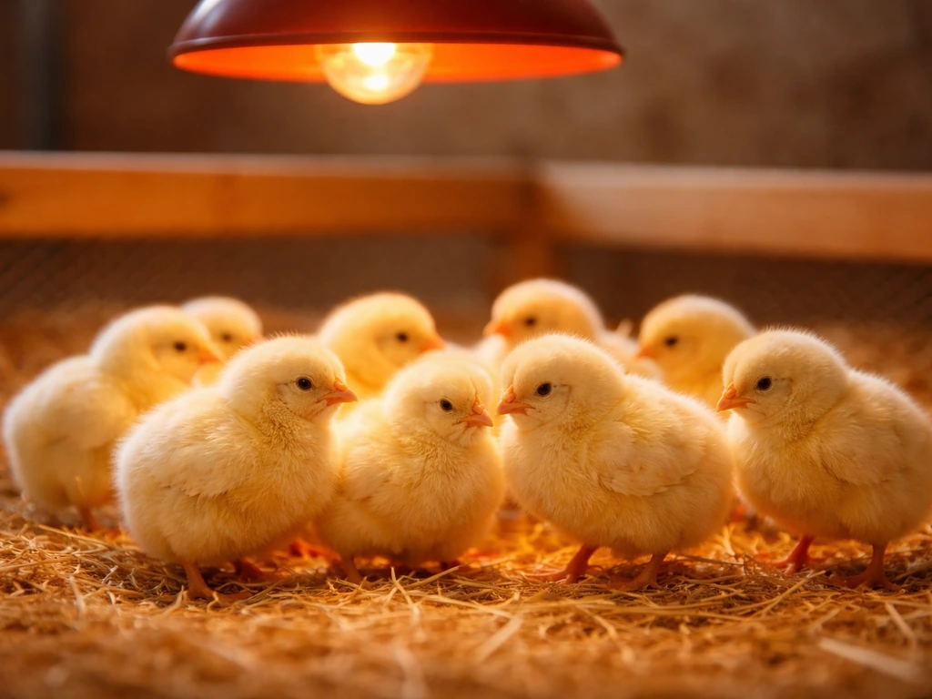 Warm brooder with day-old broiler chicks under a heat lamp on clean bedding.