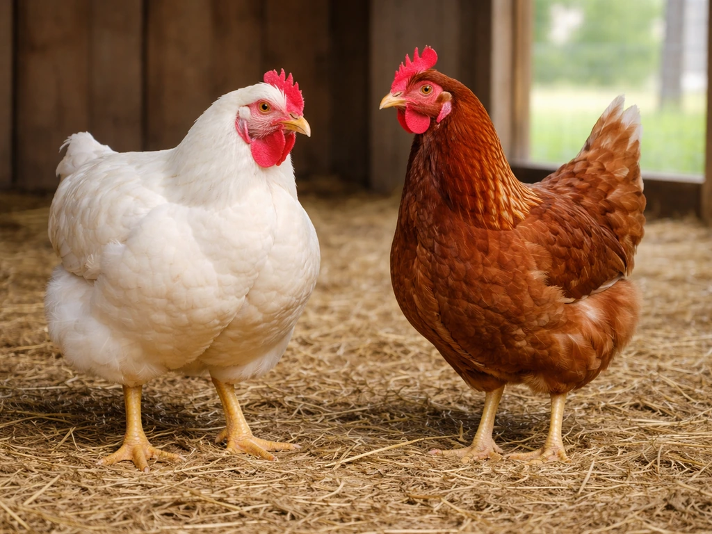 Side-by-side view of Cornish Cross broiler and laying hen showing different body shapes on a farm.