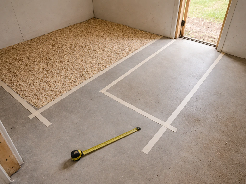Overhead view of a simple indoor chicken brooder area with measured floor spacing and an outdoor-adjacent section