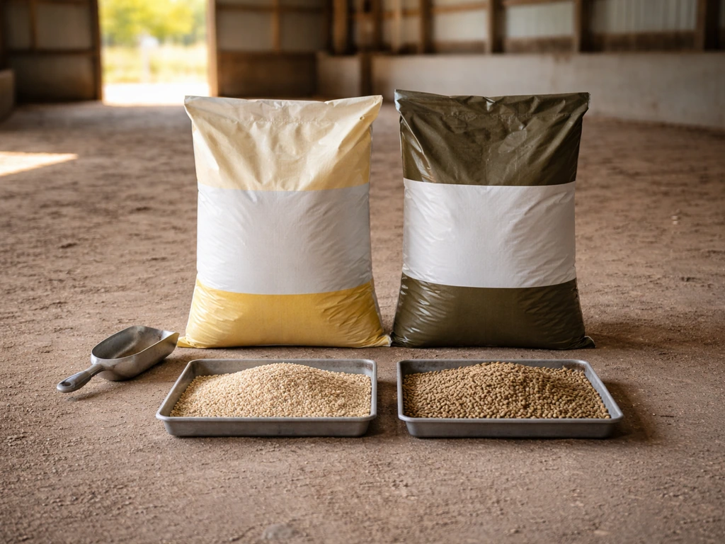 Broiler starter and finisher feed bags beside age-appropriate crumbles and pellets on a clean farm floor.