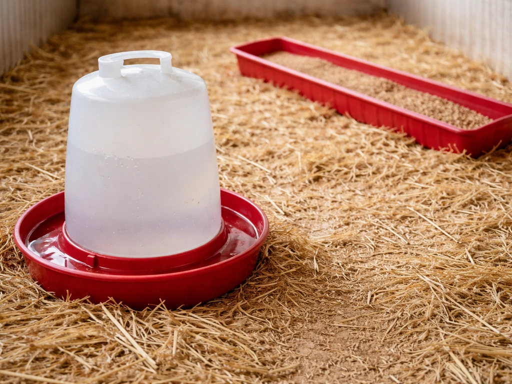 Close view of a clean poultry drinker in bedding with water available beside feed area
