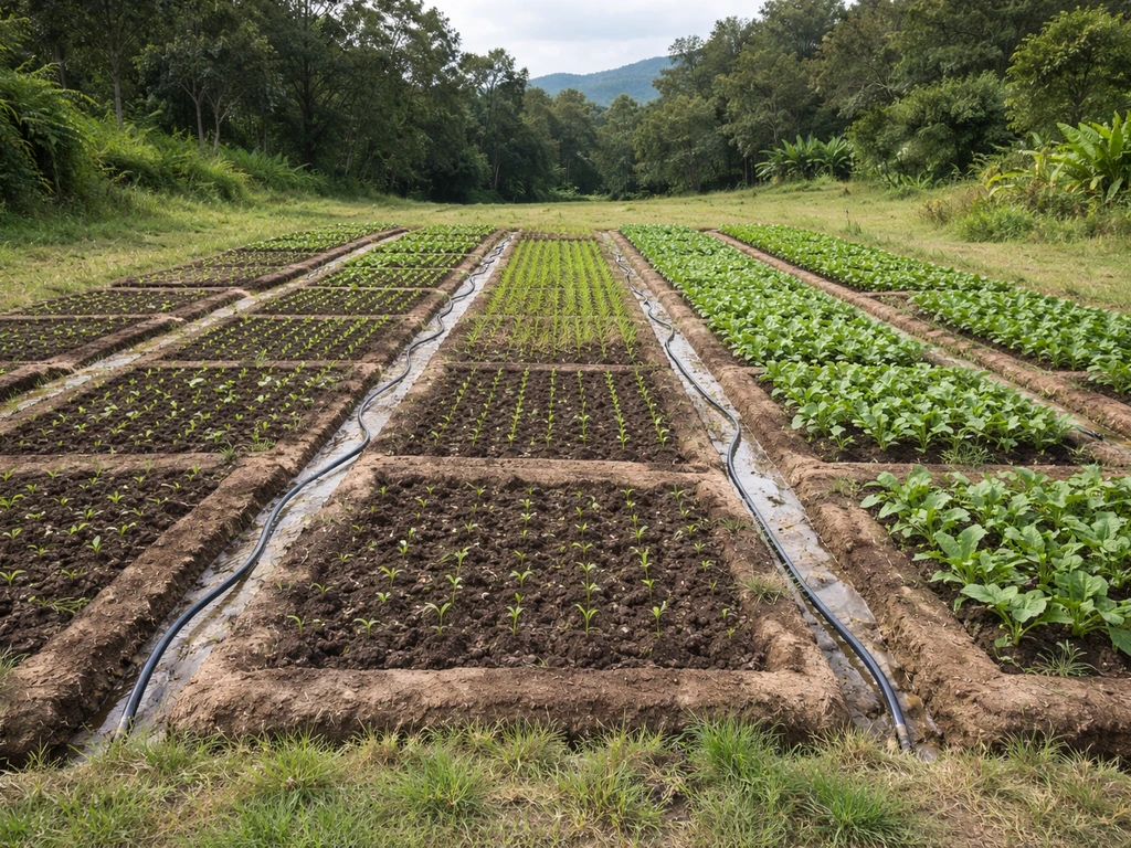 Wide view of mixed-growth crop plots with visible irrigation lines in an ARK-style farm.