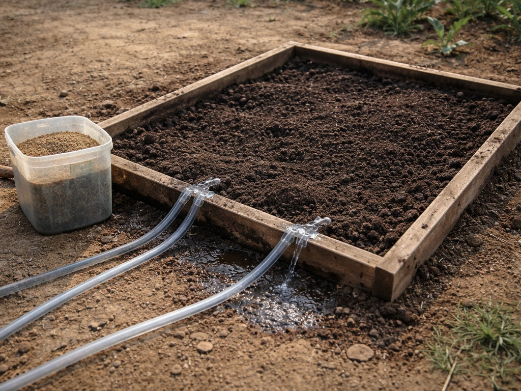 Minimal in-game crop plot setup with fertilizer and visible irrigation water conduits feeding the bed.