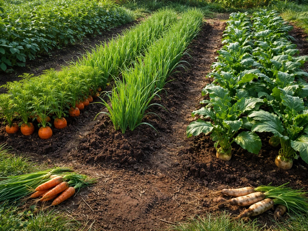 Minimal vegetable crop plots ready for harvest, conveying food value for feeding livestock