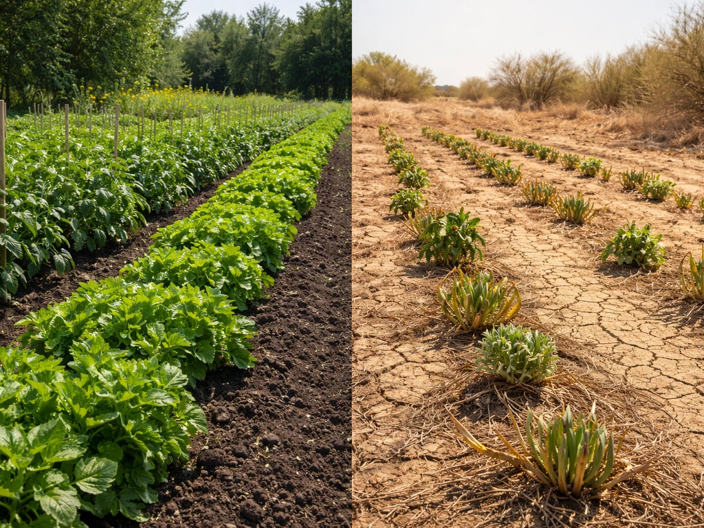 Side-by-side temperate and very-hot crop plots showing greener plants on one side and dry soil on the other.