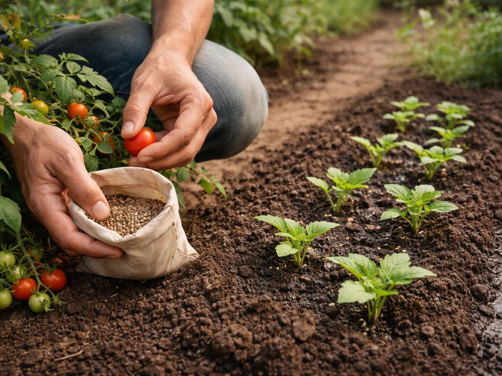 Hands harvesting ripe fruit while collecting seeds beside a freshly replanted seedling patch