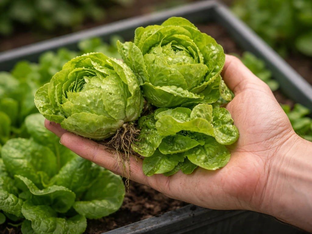 Fresh lettuce heads and loose leaves in hand beside a home garden container, crisp and appetizing.