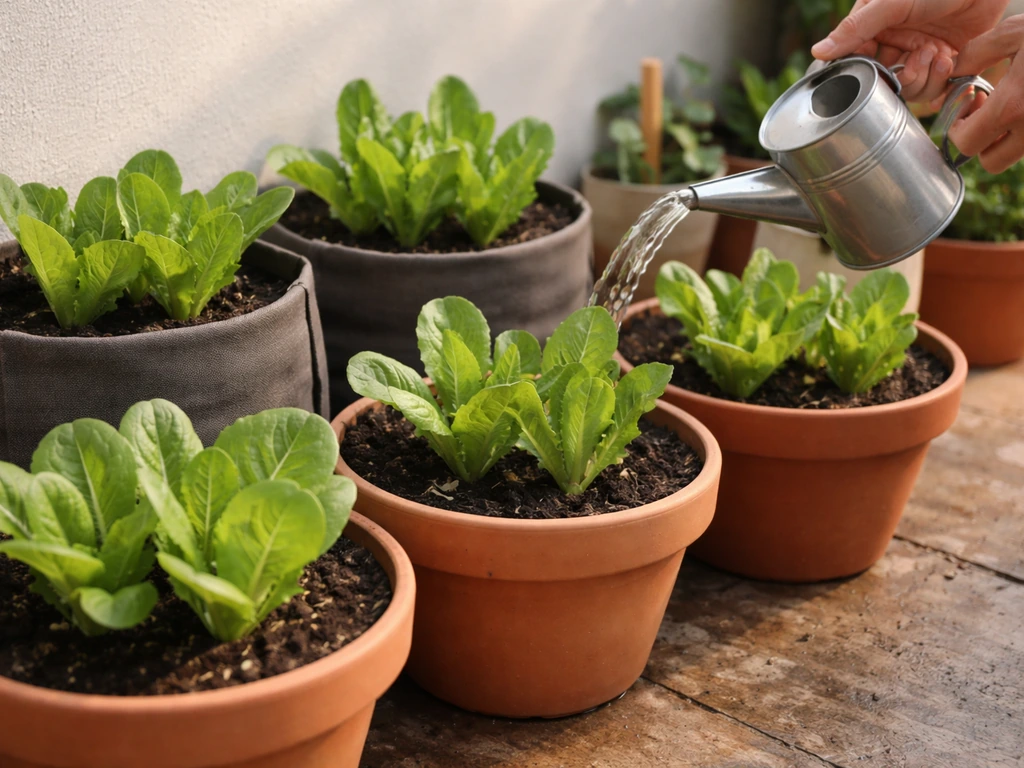 Green lettuce seedlings growing in home patio pots with soil and gentle watering hands nearby.