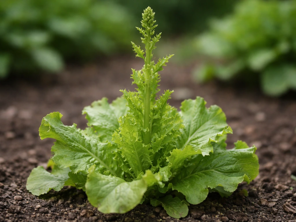 Close-up of a lettuce plant bolting with a developing seed/flower stalk in a backyard garden bed.