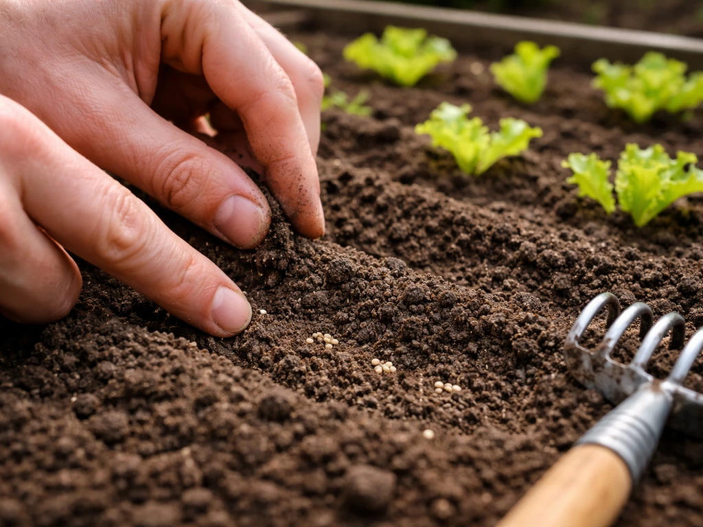 Hands sowing lettuce seeds in shallow soil, seeds lightly pressed and lightly covered.