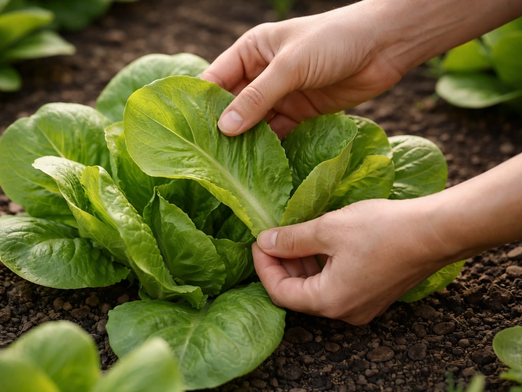 Fresh romaine or butterhead outer leaves being picked from a plant, crisp texture close-up.