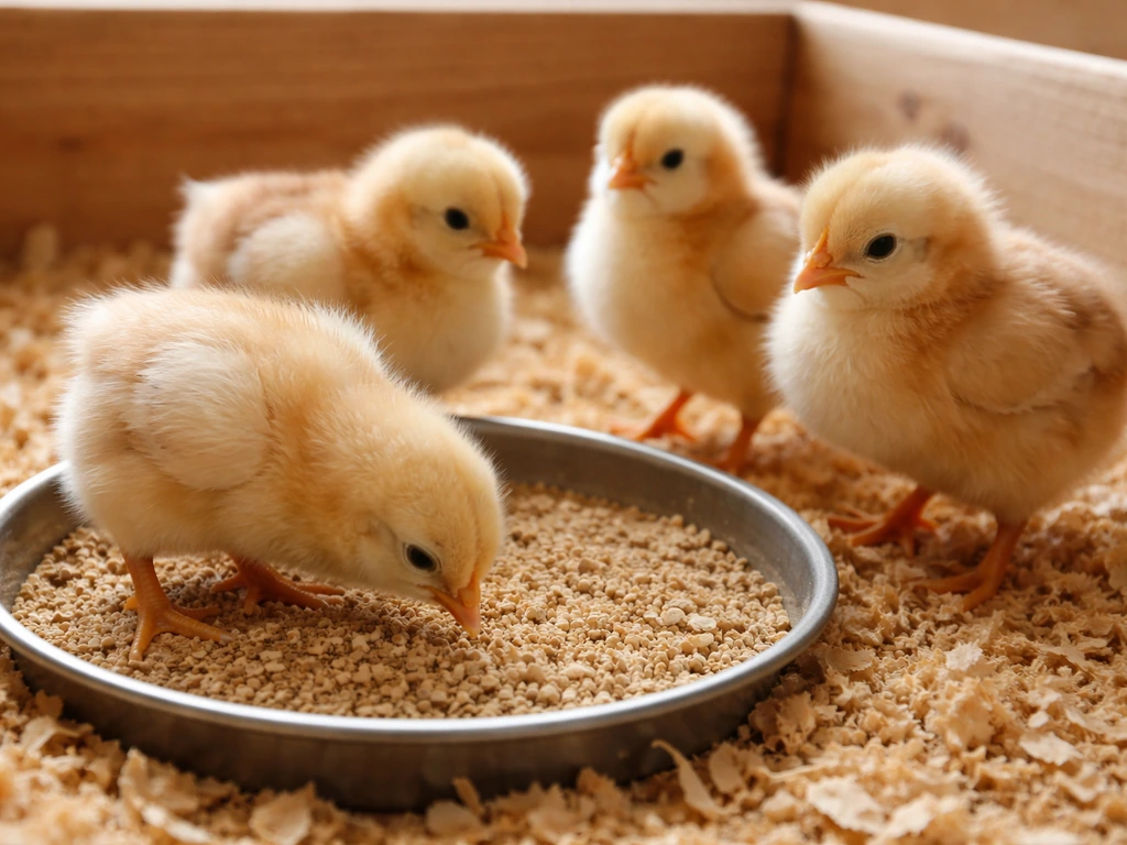 Young chicks in a clean brooder feeding from a shallow tray with age-appropriate feed.