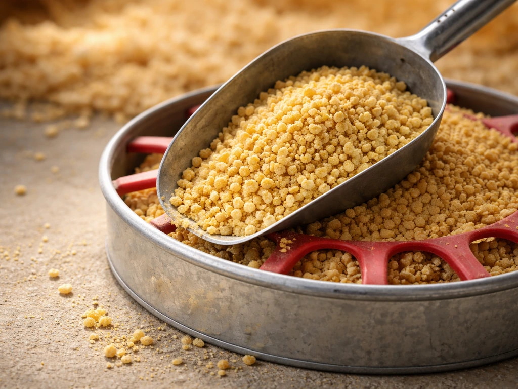 Close-up of a scoop filled with yellow starter crumble pellets over a simple feeder.