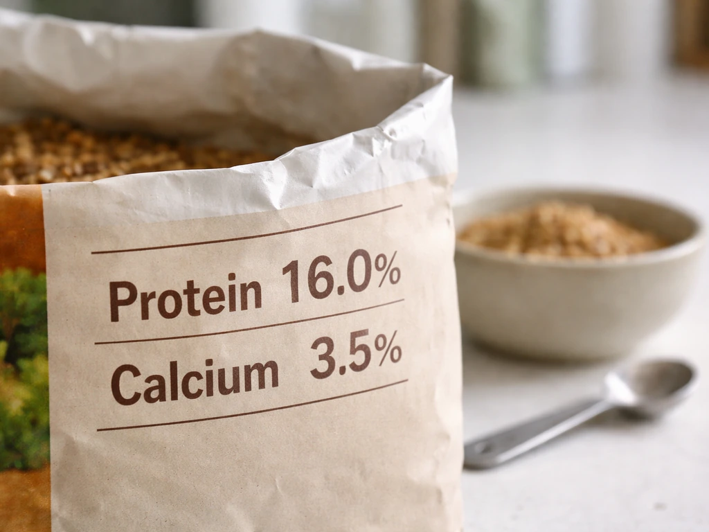 Close-up of an open feed label highlighting protein and calcium targets on a counter.