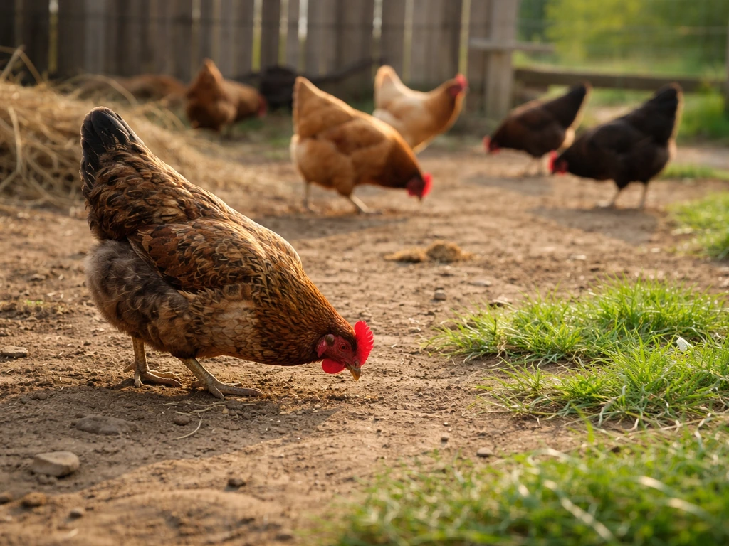 Healthy indigenous village chickens foraging on a farm yard in natural light, suggesting fast, safe growth.