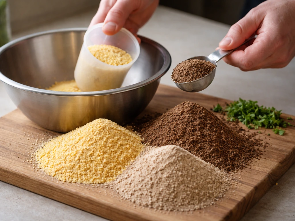 Close-up of maize, soybean meal, and fish meal/herbs being portioned into a mixing bowl
