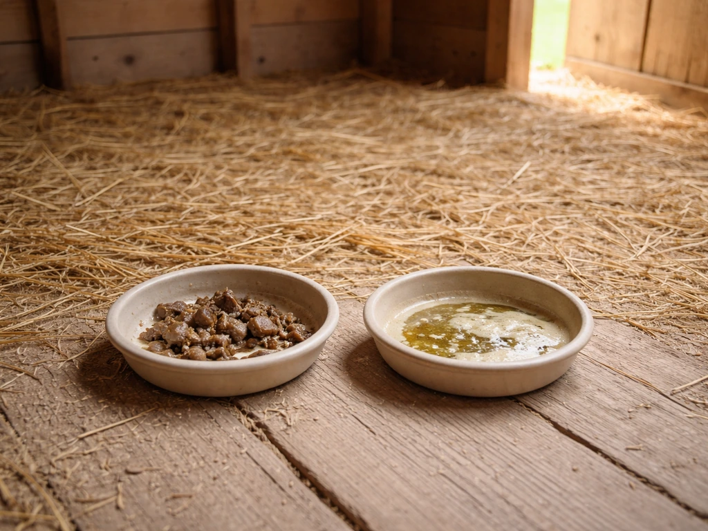 Clean poultry coop floor with straw litter and two bowls of normal and watery droppings for prevention example