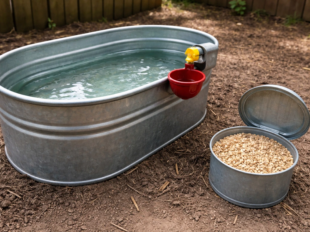 Clean backyard poultry drinker and water trough with a small grit container nearby