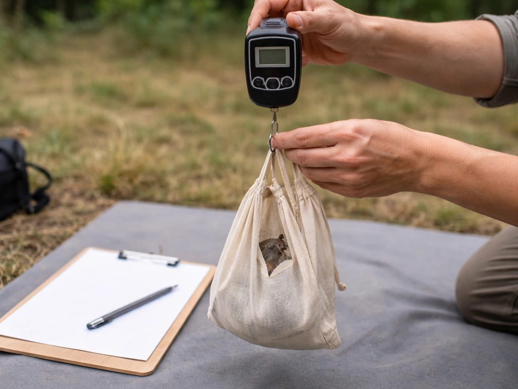 Caregiver weighs a small group of birds in a fabric bag using a hanging scale, recording results on clipboard.