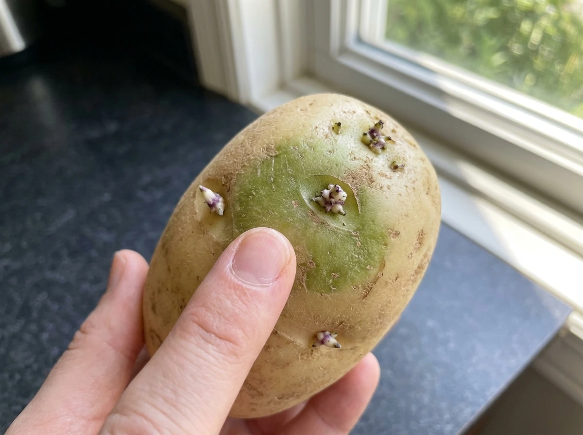 Sprouted potato with green pigmentation around the eyes—warning sign