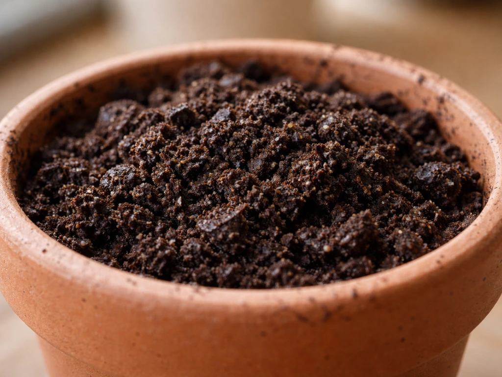 Close-up of dark, rich vermicompost texture in a pot, ready for planting.