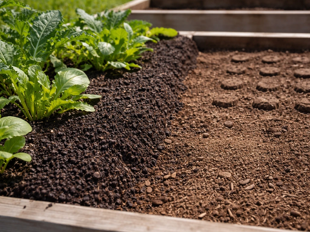 Outdoor raised bed showing established plants with vermicompost top-dressing beside a bare seed-starting area.