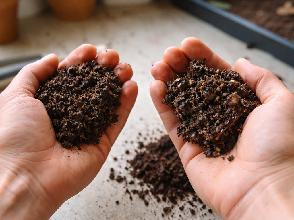 Hands holding finished vermicompost in one hand and a small clump of darker, off-smelling compost in the other.