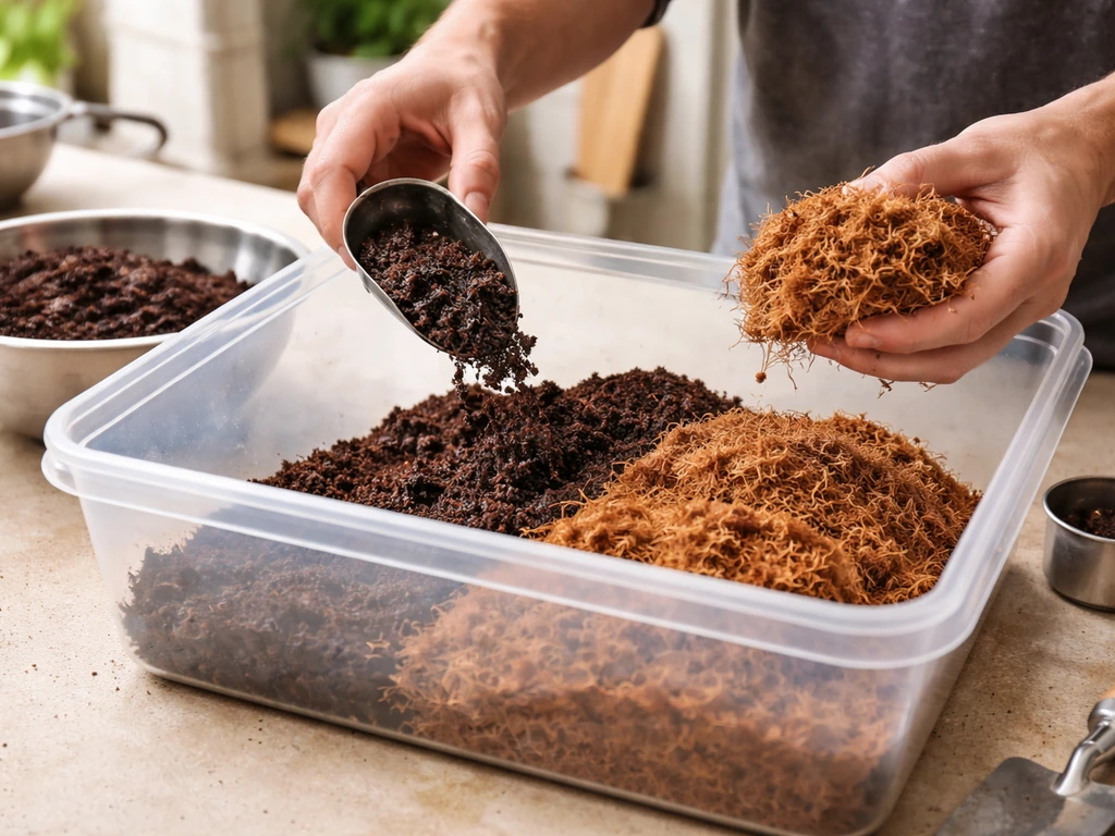 Hands measuring vermicompost and mixing it into coco coir for a seed-starting growing medium