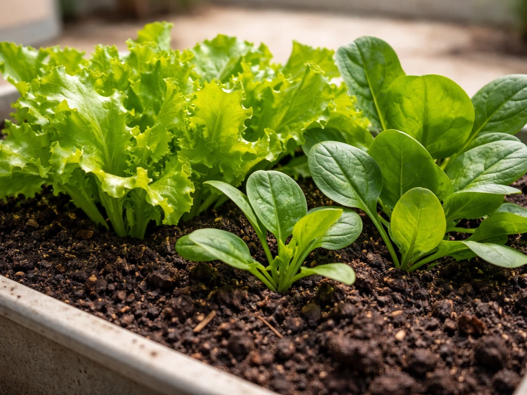 Lush lettuce and spinach in a small container bed with dark vermicompost-rich soil mix