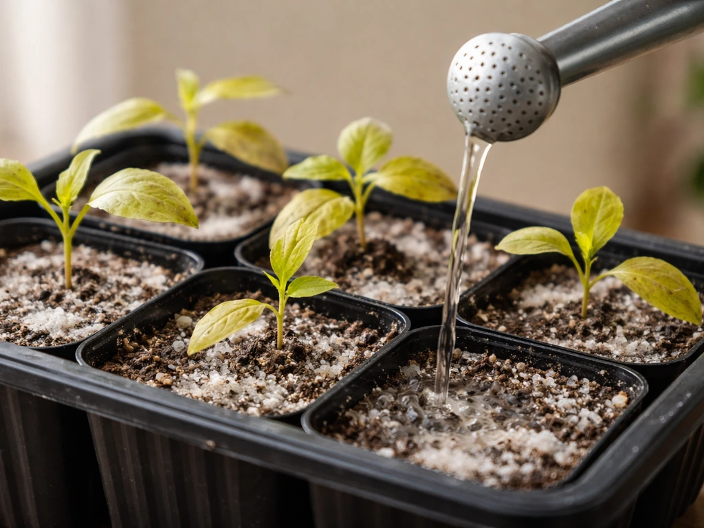 Yellowing seedling leaves with pale white crust on soil, with a watering can spout above for dilution/leaching.