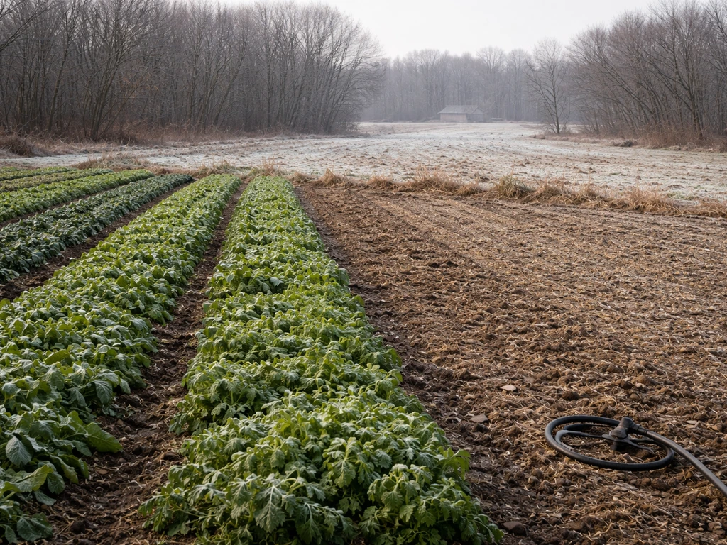 Frosty field with cool-season greens in one row and harvested soil beside it, showing short-season limits.
