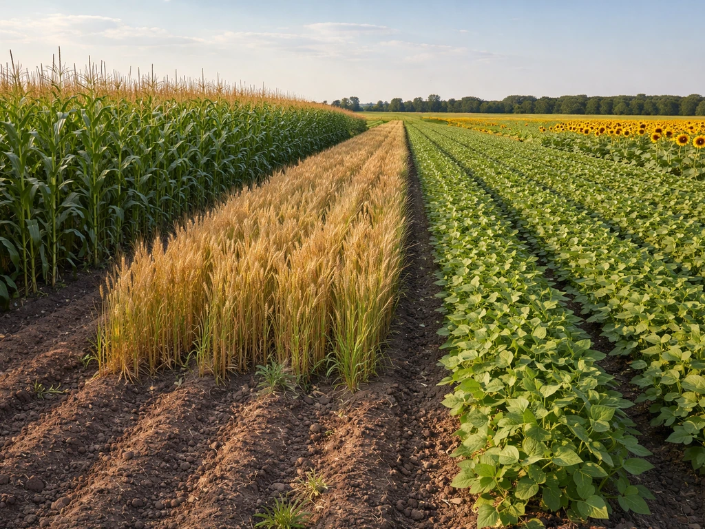 Mixed crop farm field with corn, wheat, and soybeans in clear adjacent blocks