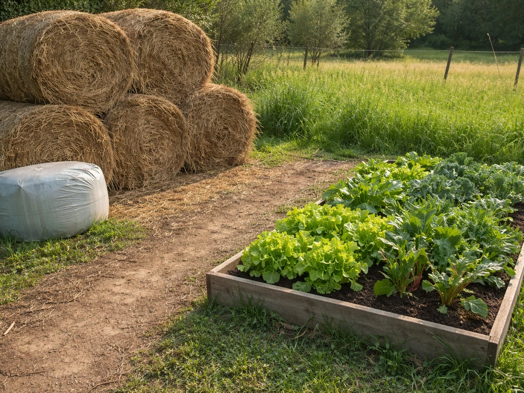 Hay bales stacked near a small garden bed with lush green pasture grass, contrasting feed vs food