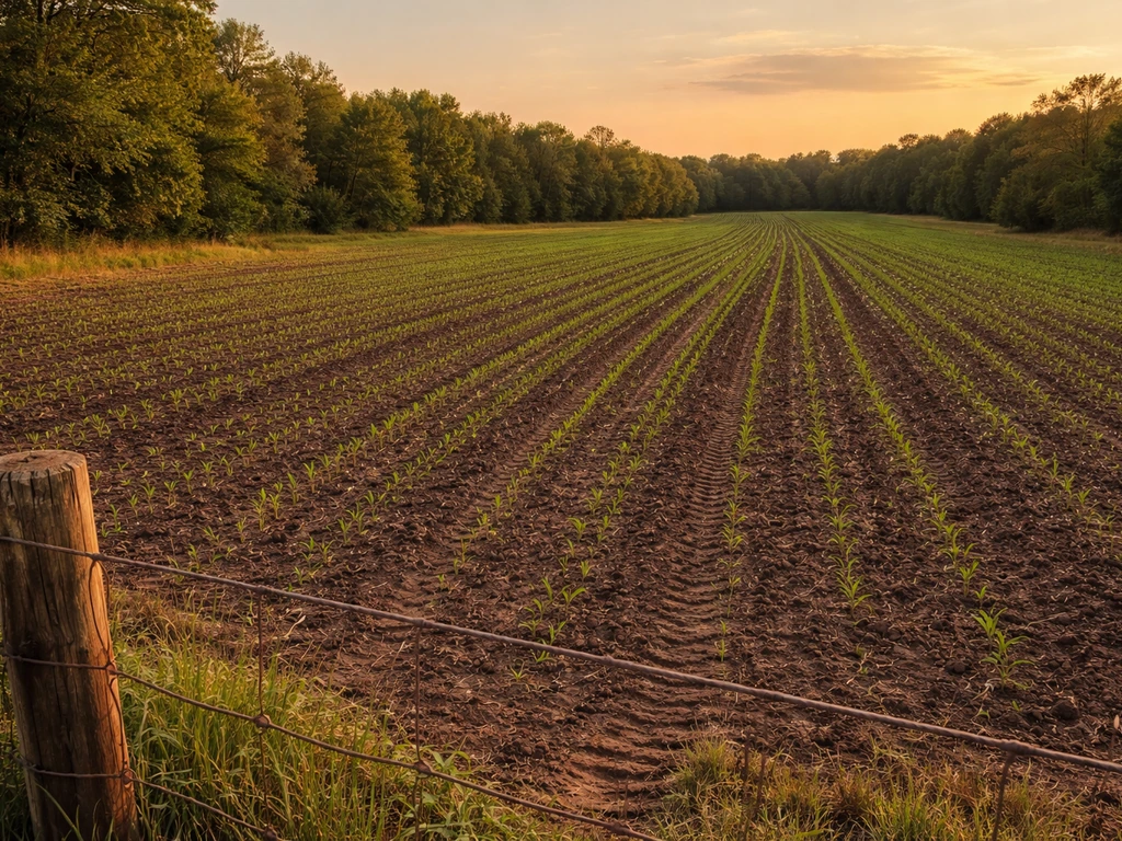 Newly planted deer food plot with visible crop rows in a fenced field edge at golden hour
