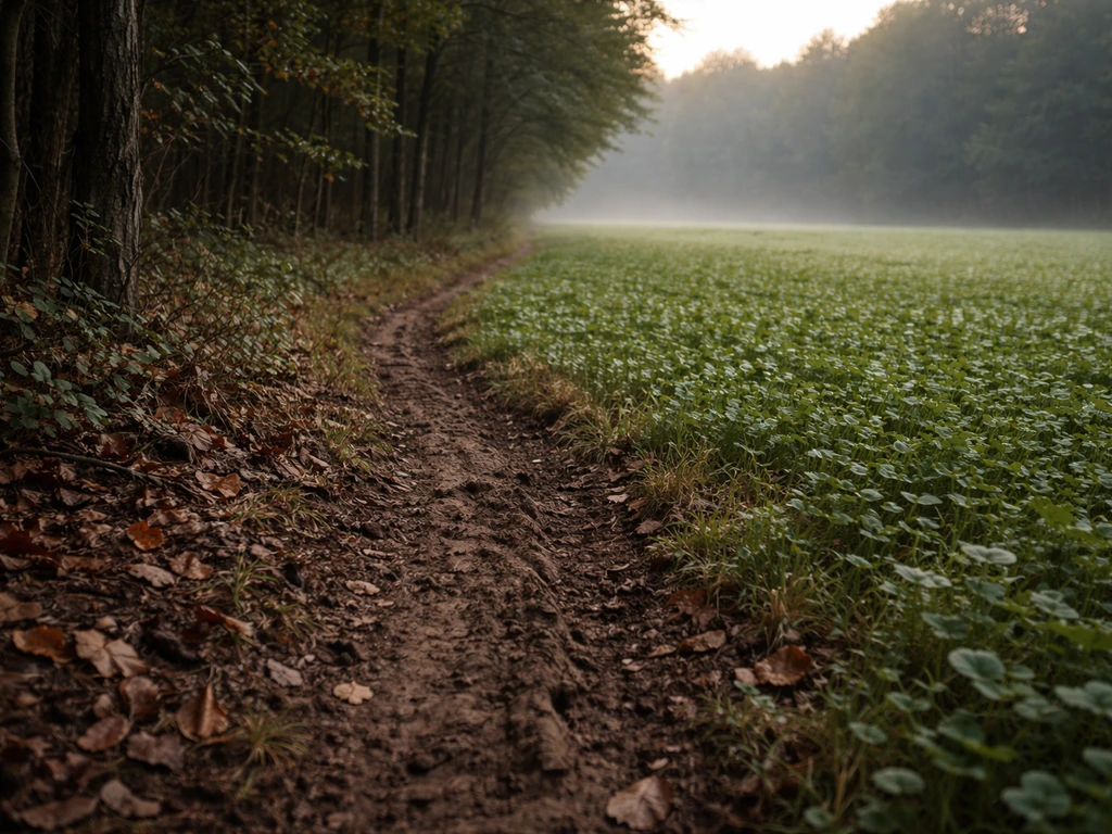 Doe trails along a timber edge toward an open clover field, showing deer movement and habitat pressure.