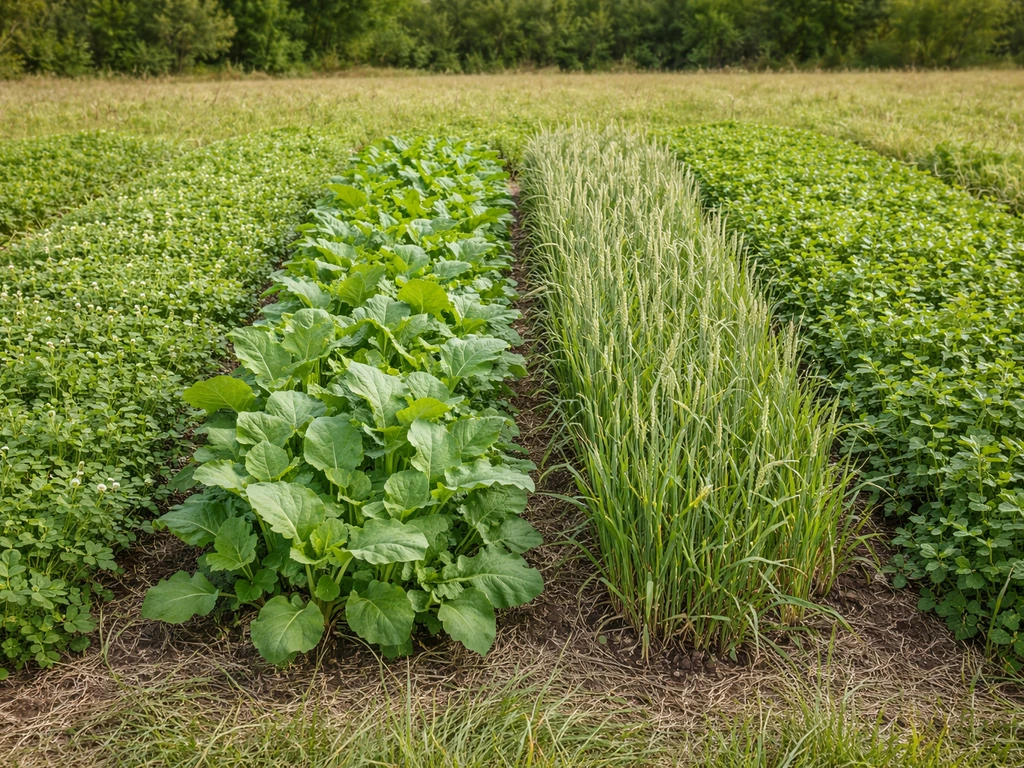 Four labeled-looking but text-free forage patches showing clover/chicory, brassicas, grains, and warm-season legumes sid