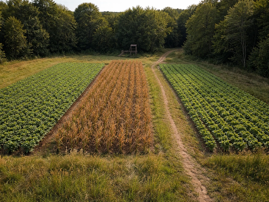 Three adjacent crop plot blocks at different stages aligned toward a distant deer stand sightline.