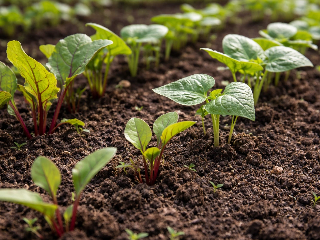 Beet seedlings growing in dark soil beside bean plants in the same garden bed.