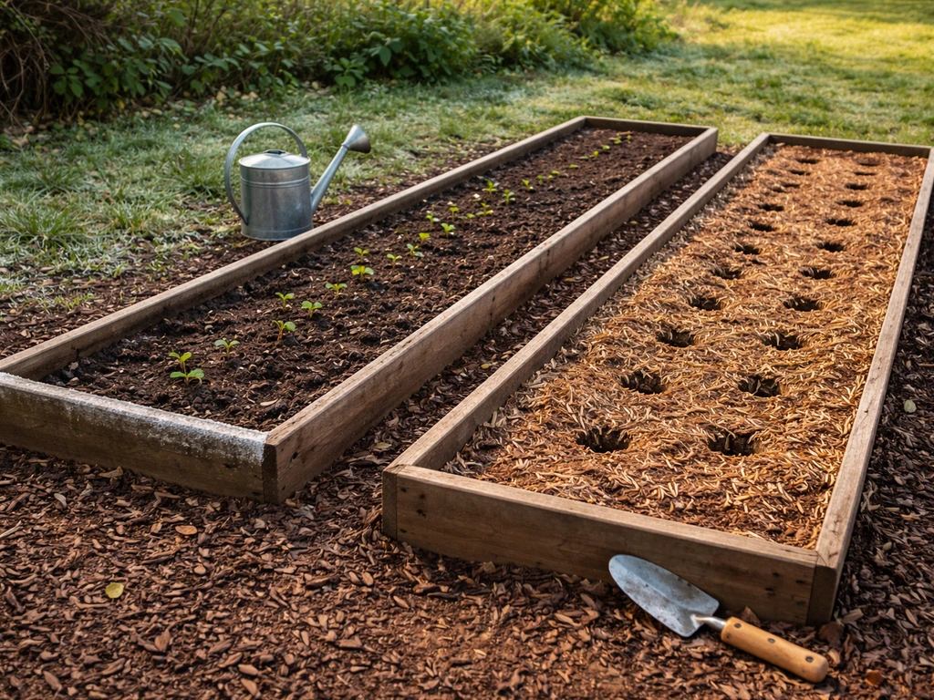 Two separated garden beds showing cool-season beets vs warm-season beans timing cues in morning light.
