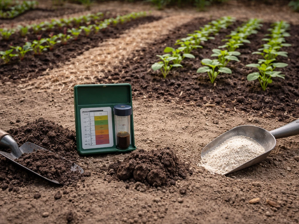 Hands testing soil pH near a beets bed and bush beans bed with lime and compost bags in frame.