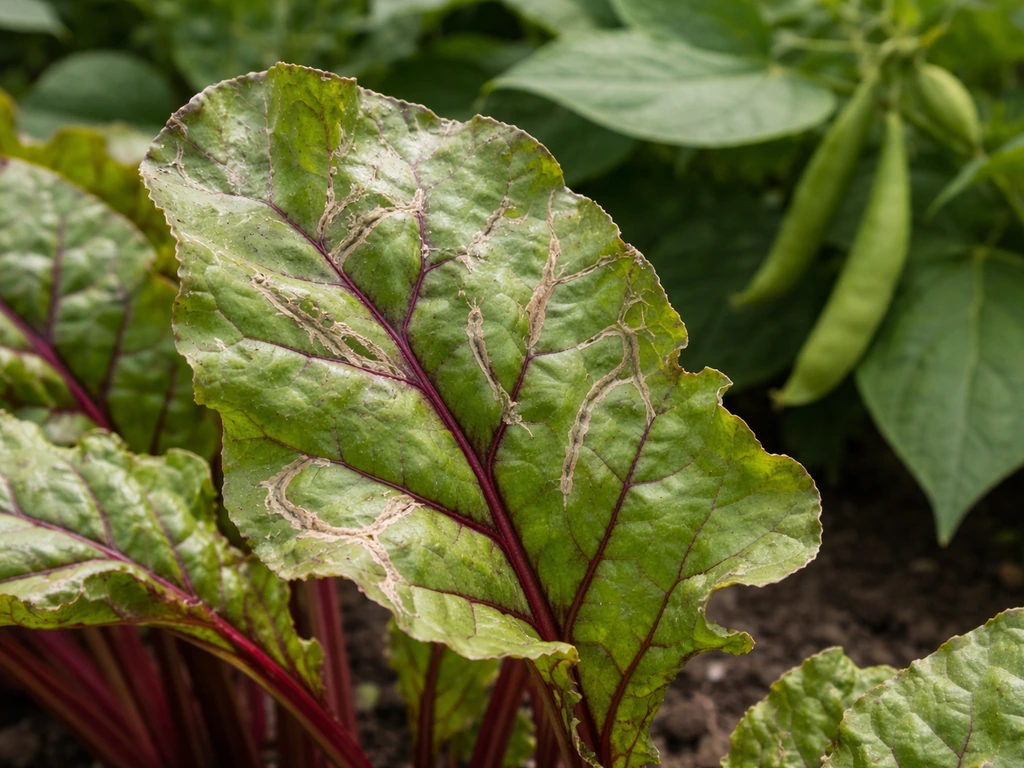 Close-up of beet leaves with leafminer tunnel damage, with a softly blurred green bean pod in view.