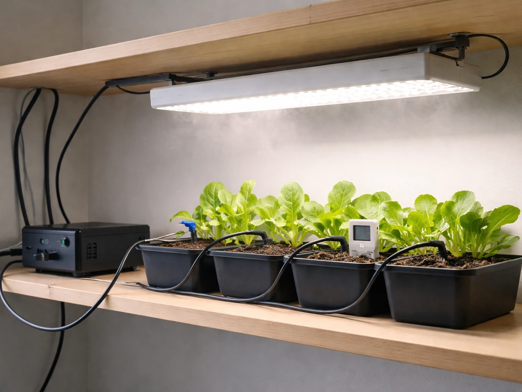 Small indoor grow setup with a mini controller connected to sensors, grow lights, and drip irrigation for plants