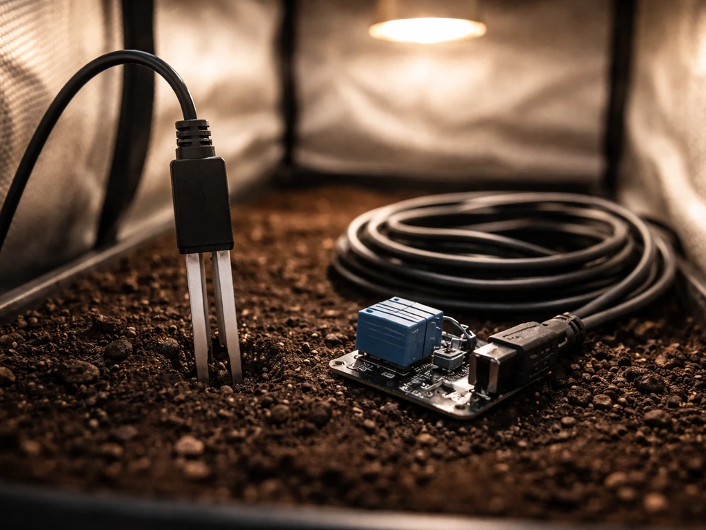 Close-up of a soil moisture sensor, relay/smart plug, and grow-light cabling in a small DIY grow setup.