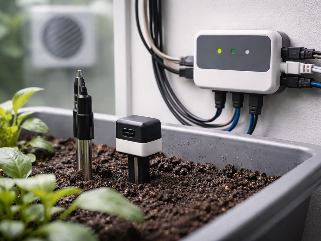 Close-up of garden sensors and controller hub with relay wiring near plant growing media