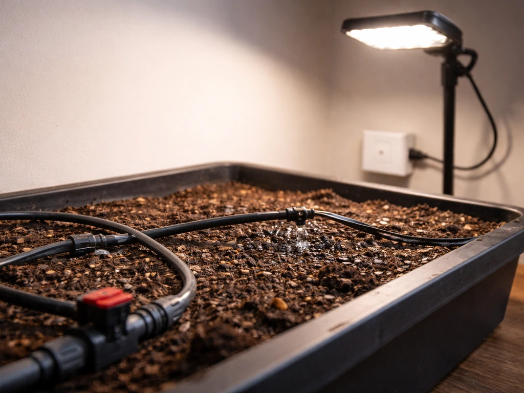 Close view of drip irrigation tubing and a small valve beside a grow light on a simple grow bed