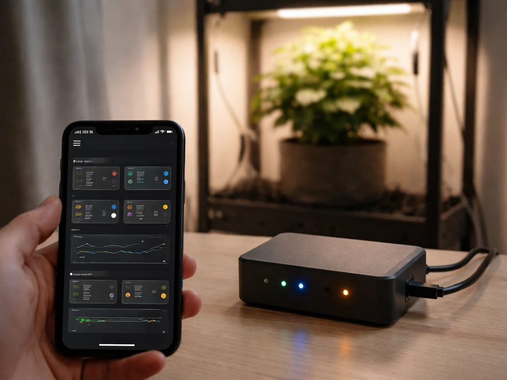 Phone showing a simple monitoring dashboard while grow controller and sensors sit in the background.