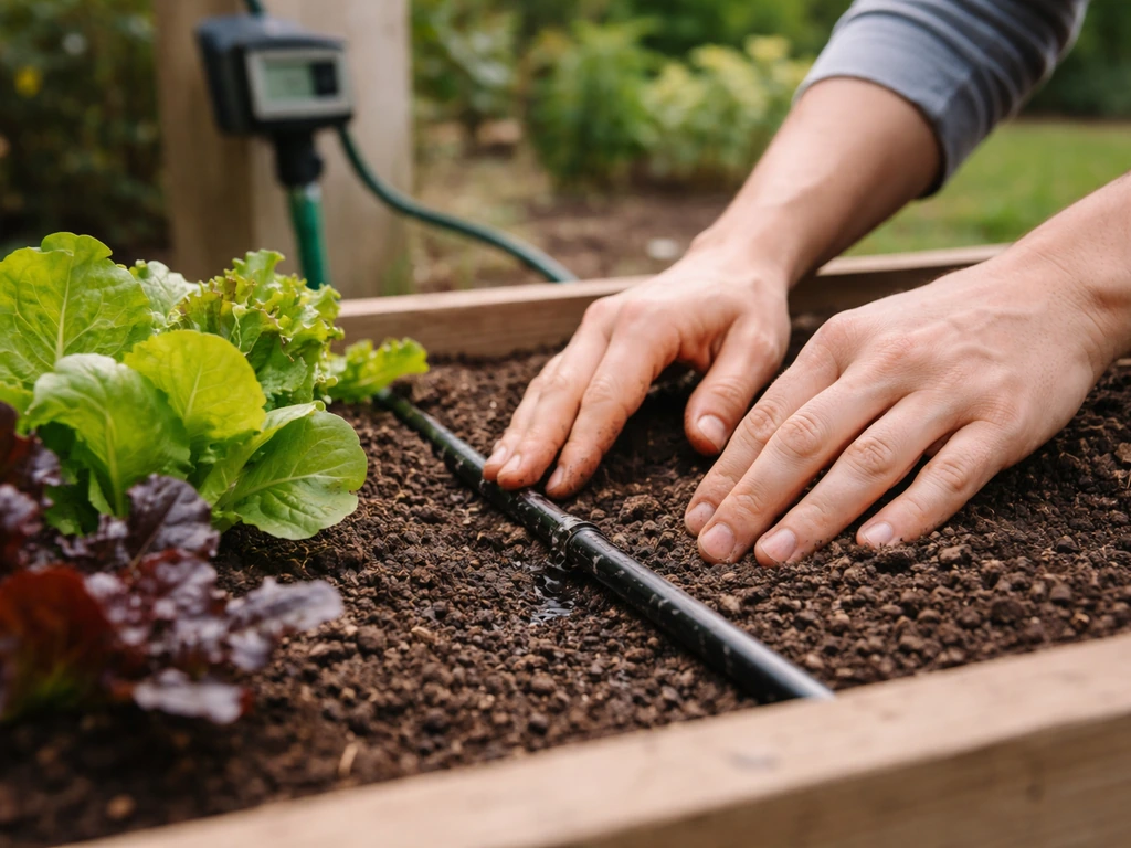 Hands adjust drip irrigation on a raised bed with thriving leafy greens in natural light.
