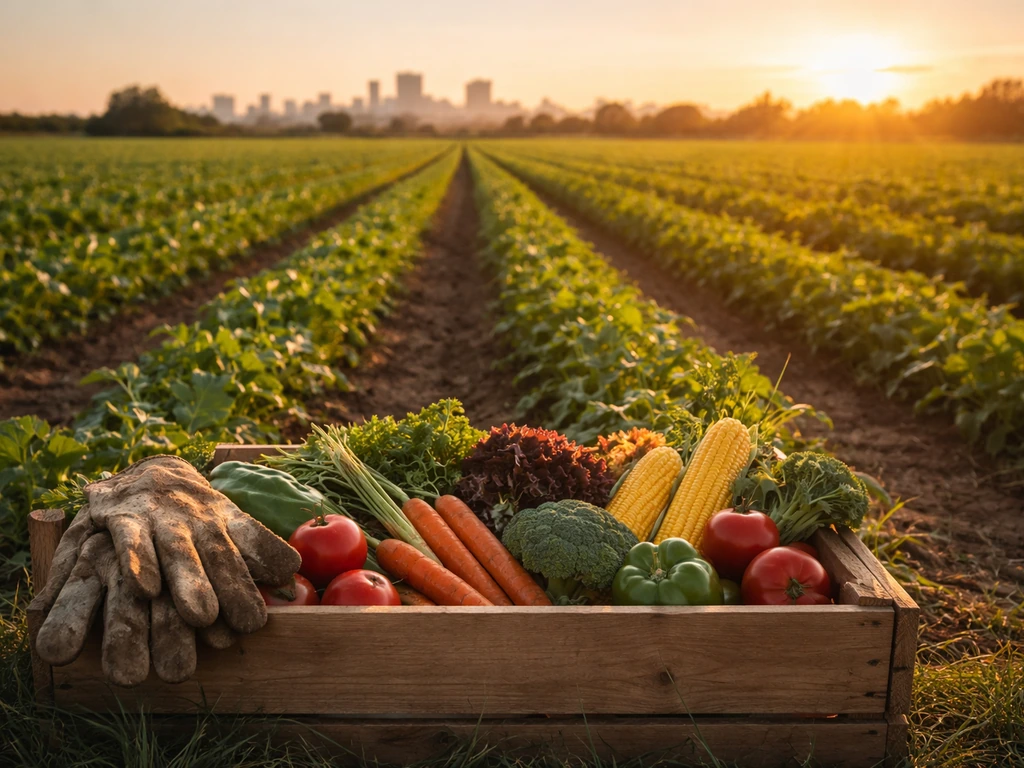 Golden-hour farm field with fresh vegetables and distant city skyline, showing urgency for more food.