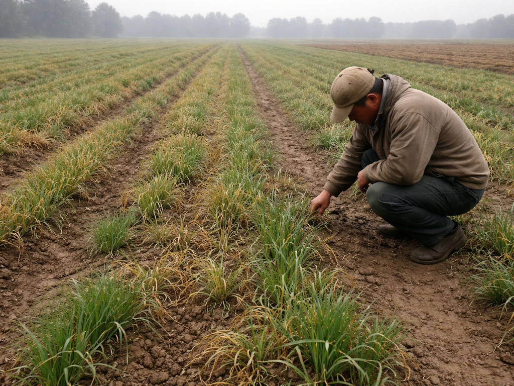 Stressed crop rows with sparse growth and an anonymous worker inspecting low-yield plants in a field.